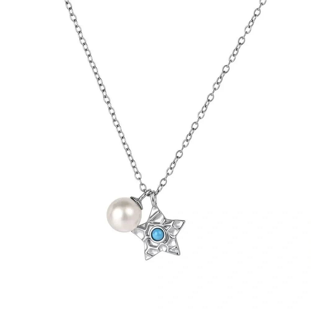 Blue & Silver Star Pendant Necklace with Pearl Accent and Matching Drop Earrings
